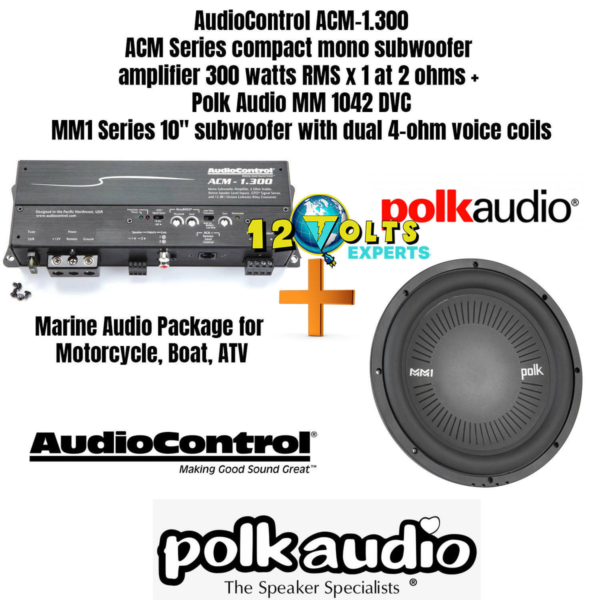 AudioControl ACM-1.300 ACM Series compact mono subwoofer amplifier 300 watts RMS x 1 at 2 ohms +  Polk Audio MM 1042 DVC MM1 Series 10" subwoofer with dual 4-ohm voice coils