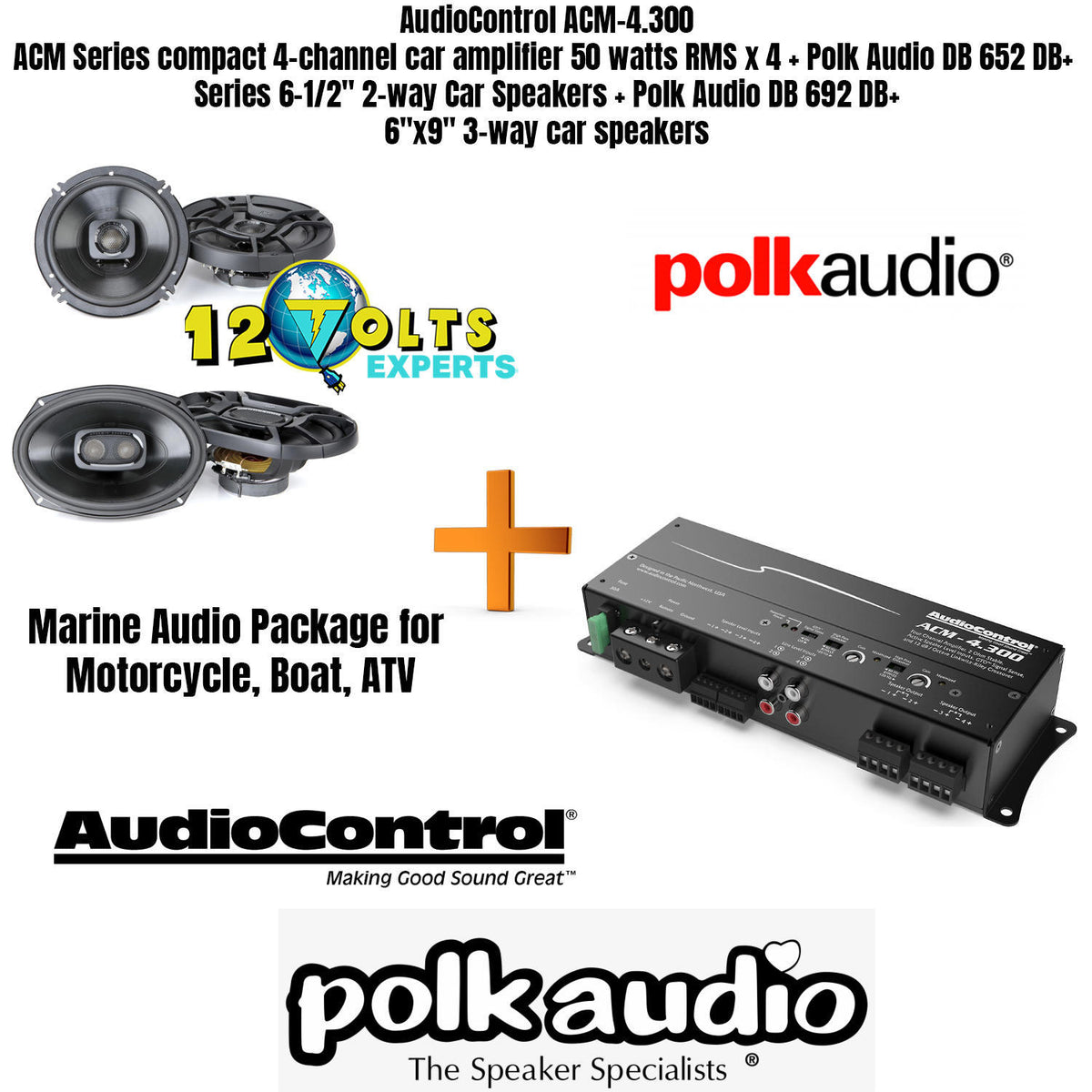 AudioControl ACM-4.300 ACM Series compact 4-channel car amplifier 50 watts RMS x 4 + Polk Audio DB 652 DB+ Series 6-1/2" 2-way Car Speakers + Polk Audio DB 692 DB+ 6"x9" 3-way car speakers