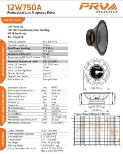 2 x PRV Audio 12W750A Midrange ALTO Car Audio 12" Speakers 8 Ohm 12A PRO 1500W