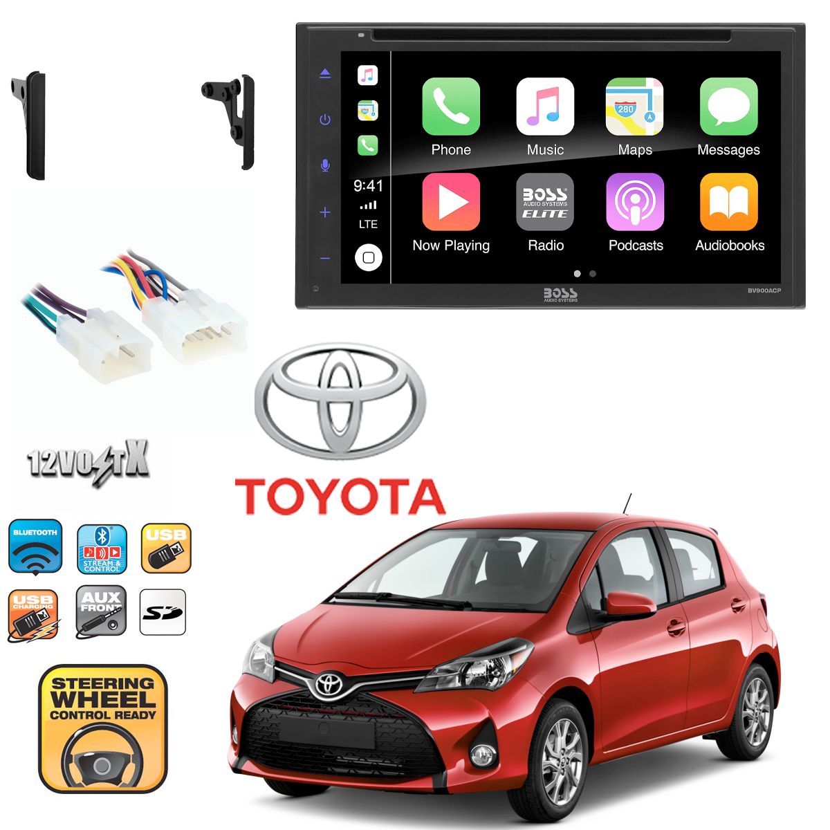6.75" Multimeda Cd/Dvd Receiver w/ CarPlay, Android Auto, For Toyota Yaris 12-17
